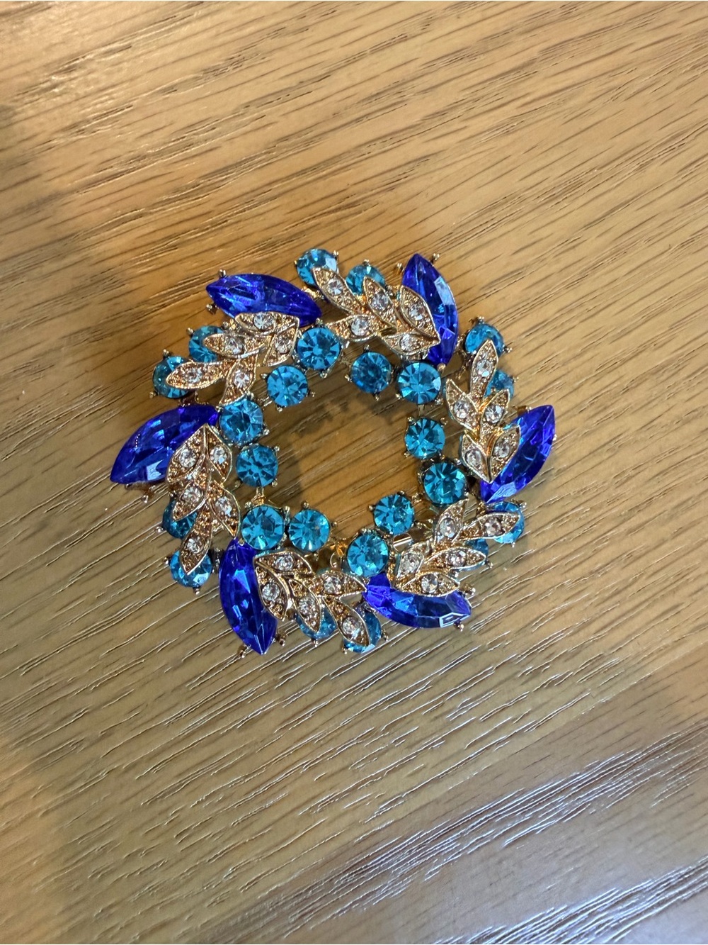 Blue Crystal Wreath Brooch - Gold-Tone Accent